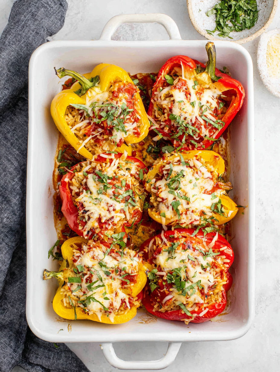 A dish of stuffed peppers with cheese and ground chicken.