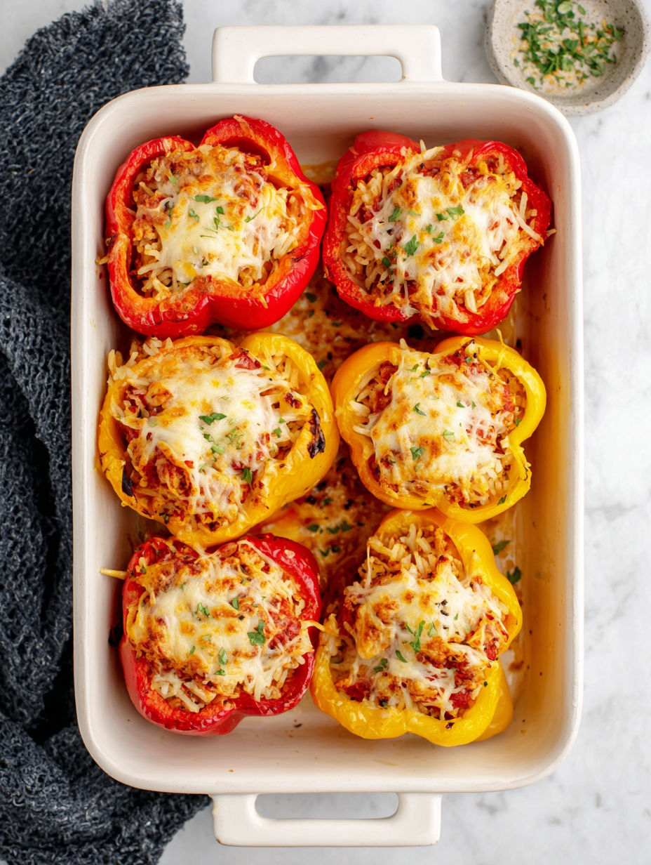A dish of stuffed peppers with cheese and ground chicken.