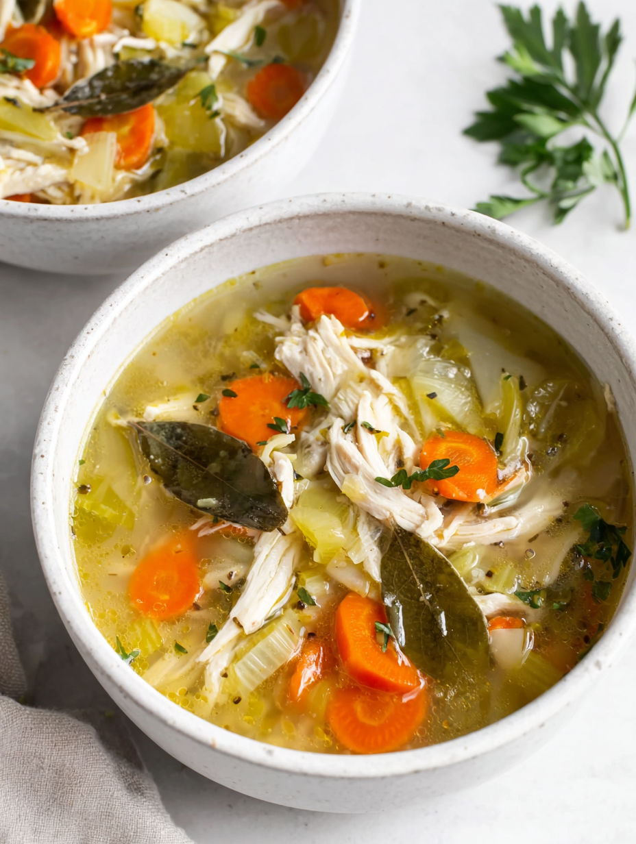 A bowl of chicken soup with carrots and herbs.