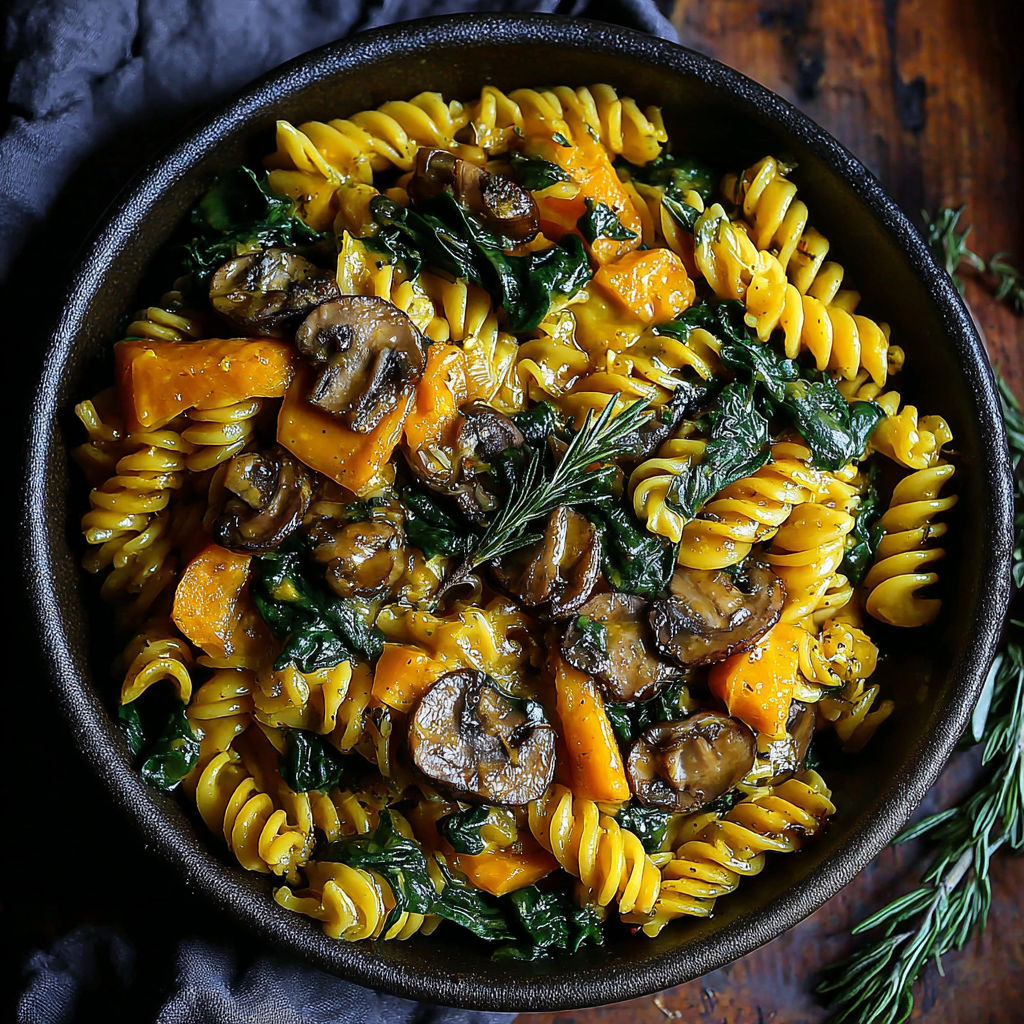 A bowl of pasta with mushrooms and spinach.