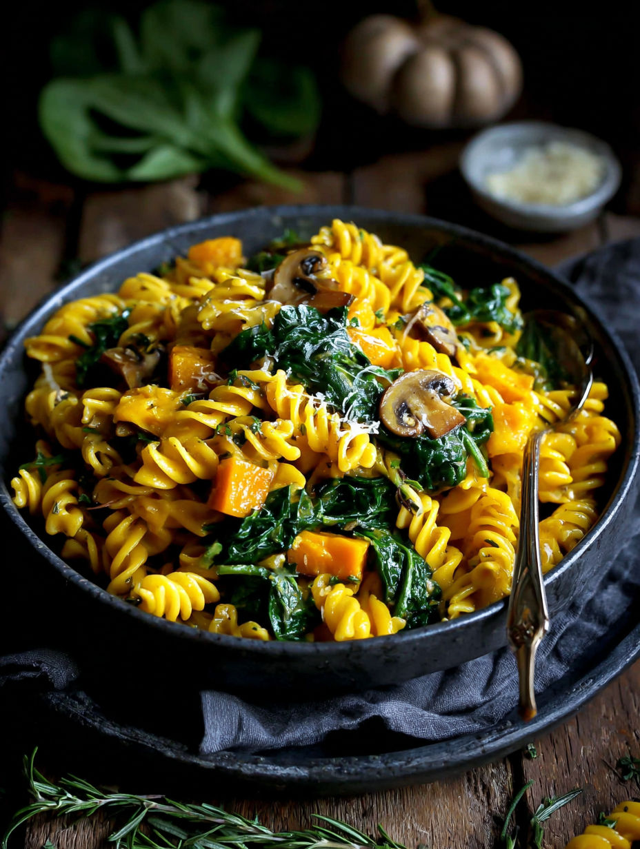 A bowl of pasta with mushrooms and spinach.