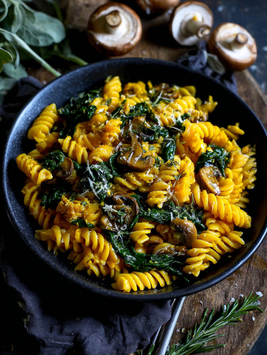 A bowl of pasta with spinach and mushrooms.