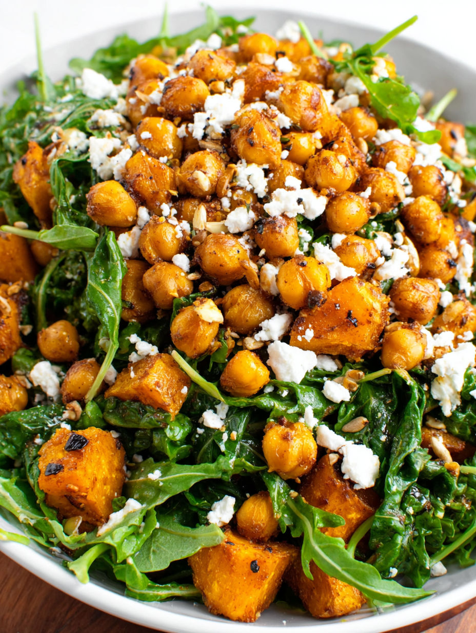 A salad with roasted pumpkin, chickpeas, and greens.