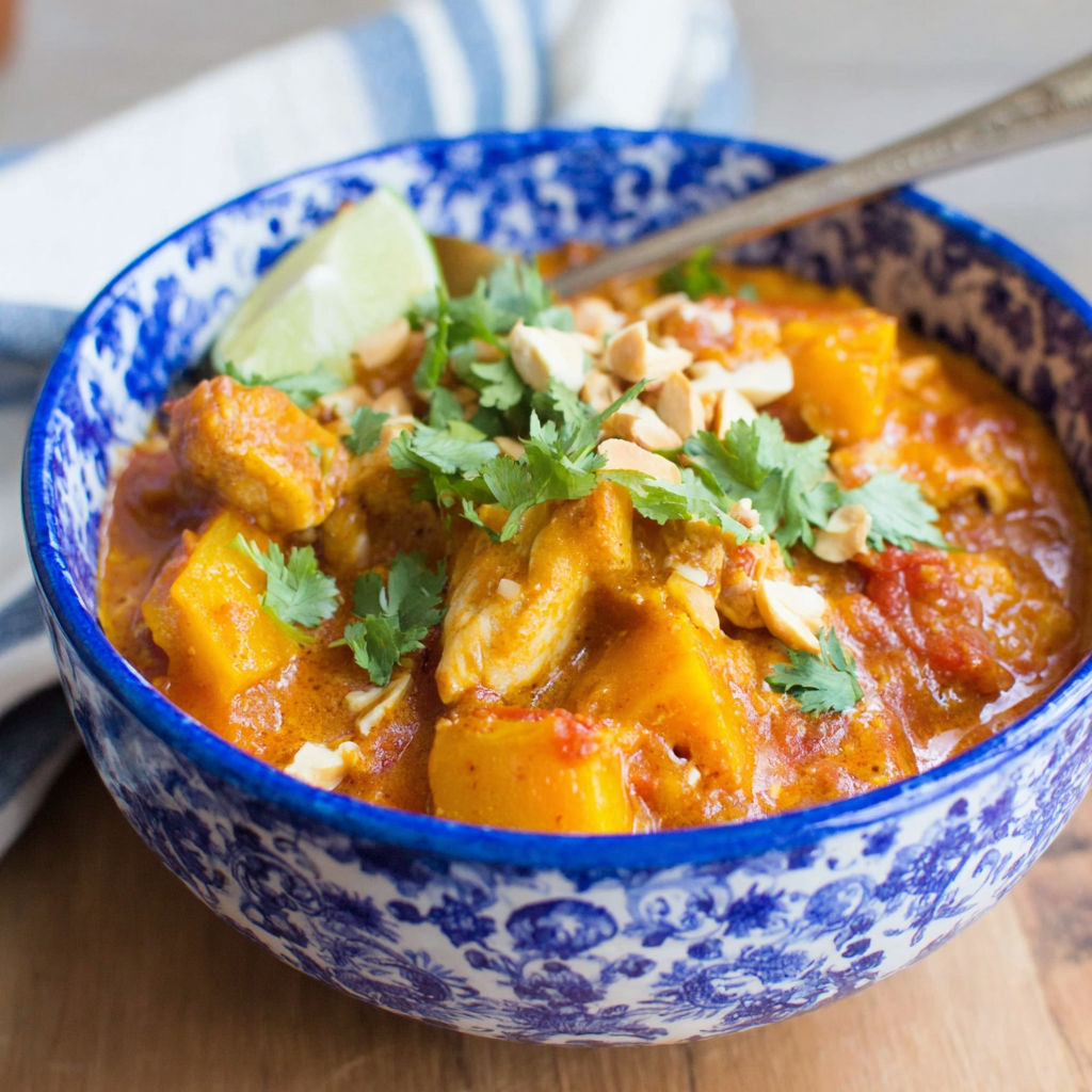 A bowl of chicken and butternut squash curry.