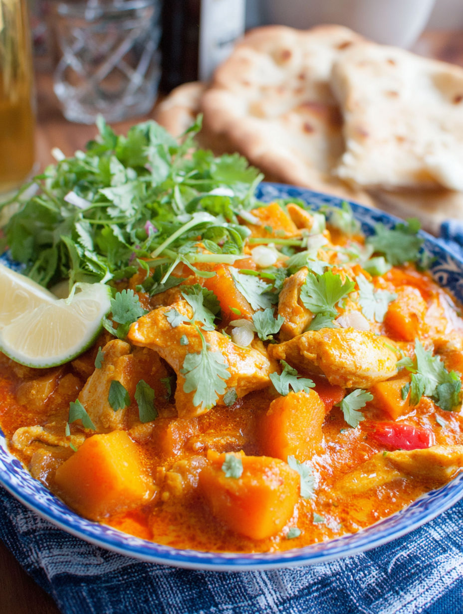 A bowl of chicken and butternut squash curry.