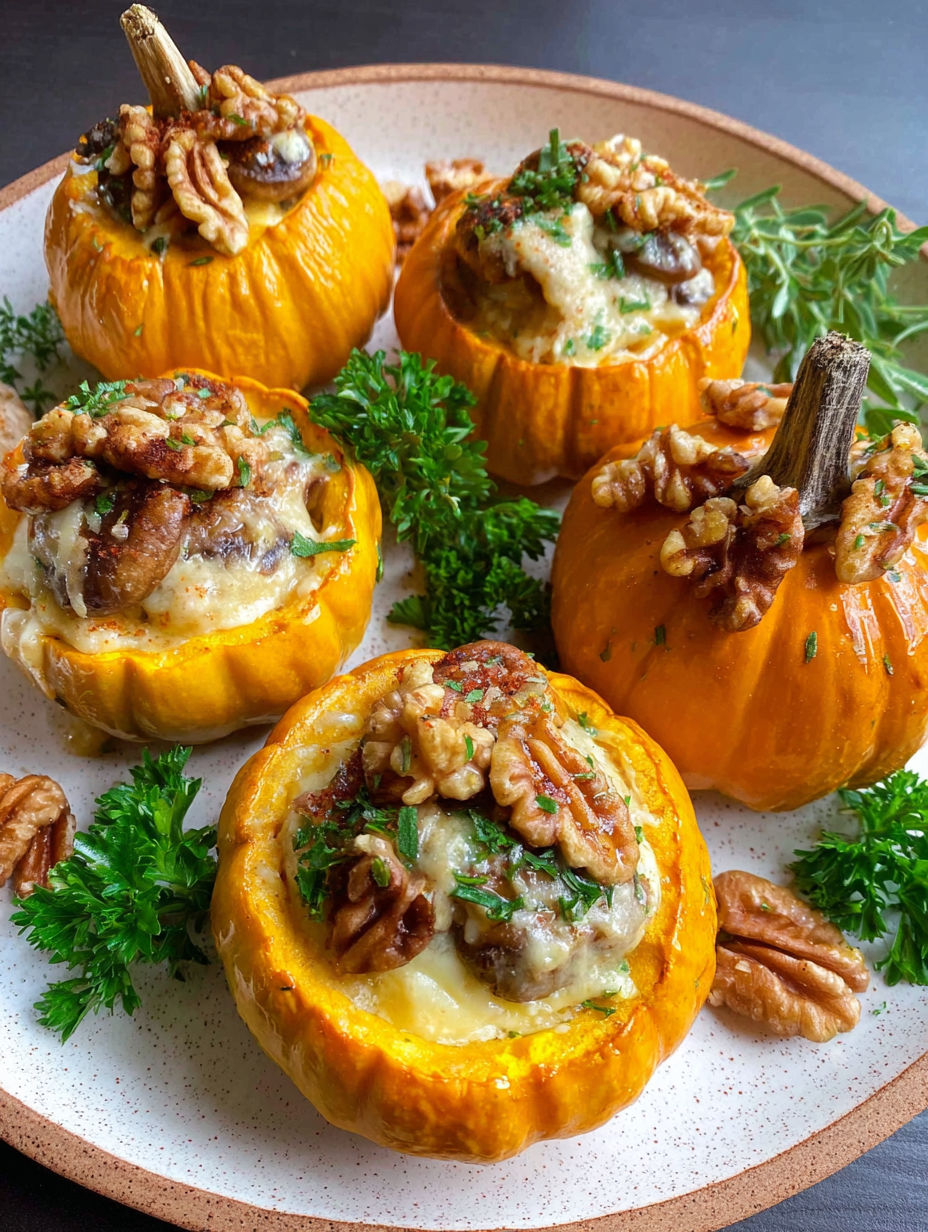 Four mini pumpkins filled with cheese and walnuts.