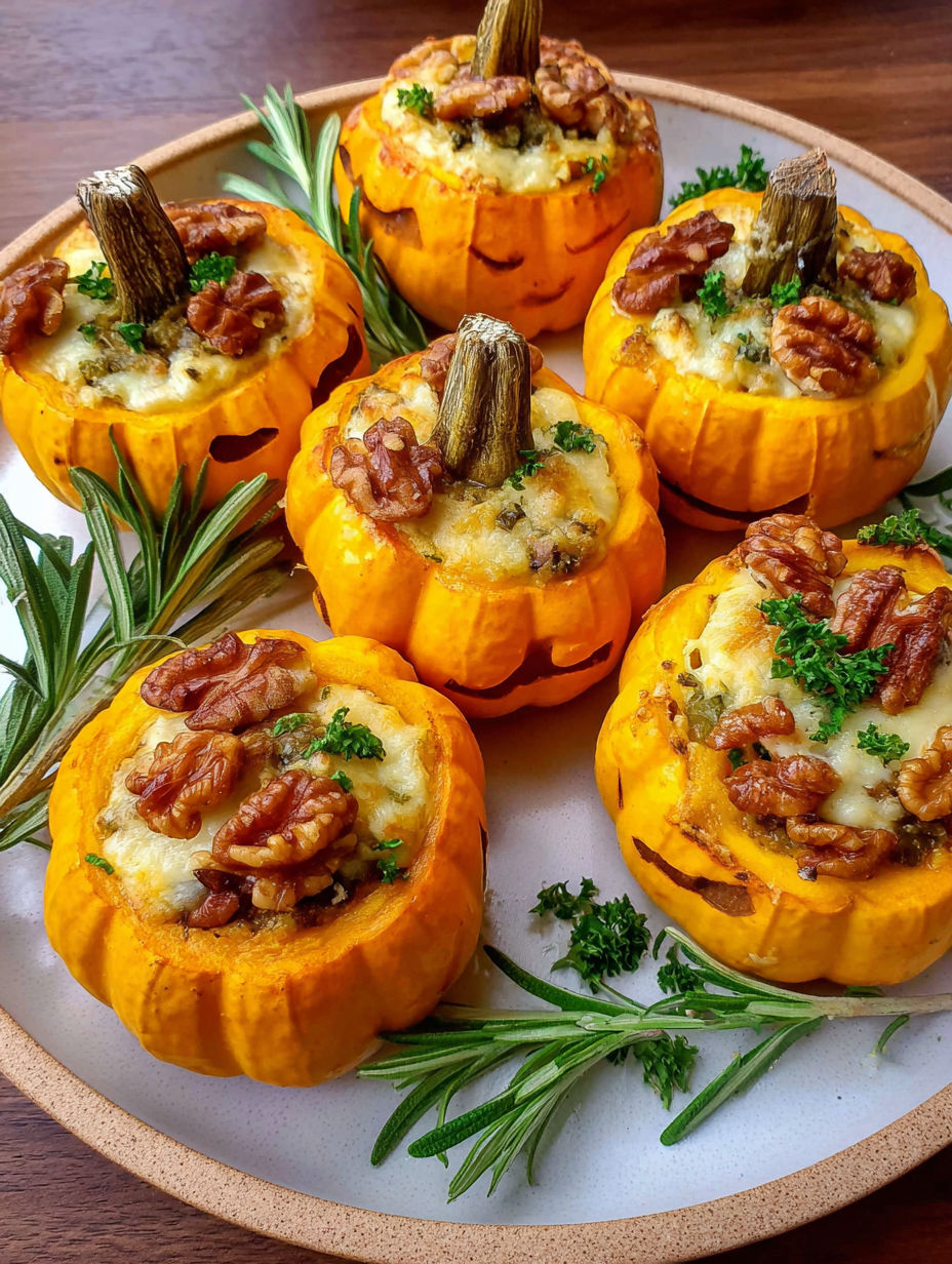 A plate of stuffed mini pumpkins with nuts.