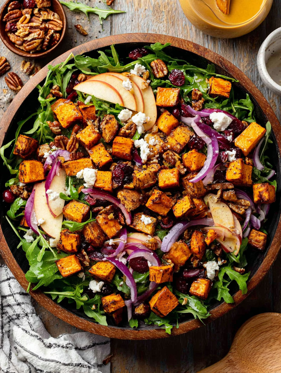 A salad with a variety of ingredients including sweet potatoes, apples, and onions.
