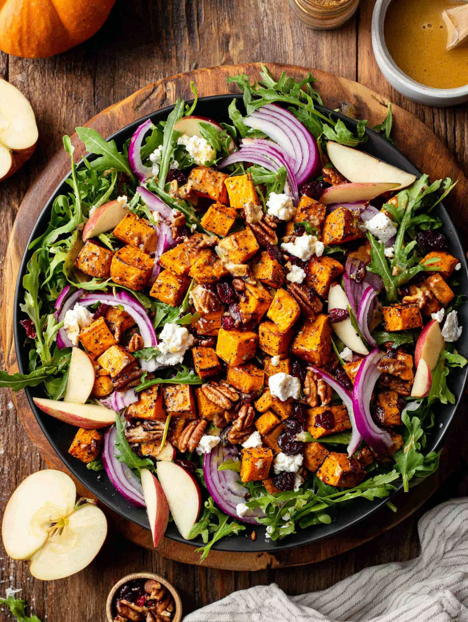A salad with a variety of vegetables and fruits, including apples, onions, and sweet potatoes.