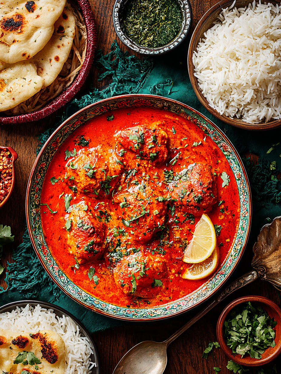 A plate of food with a bowl of rice and a bowl of butter chicken.