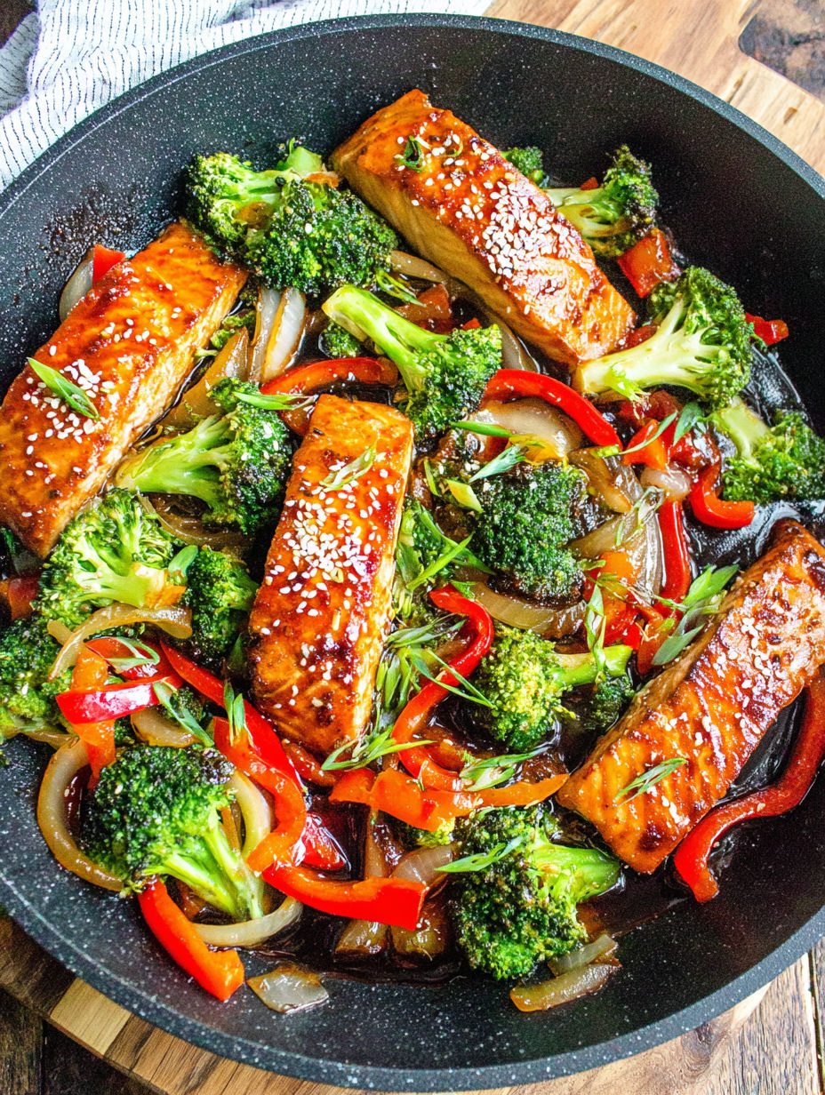 A pan of food with broccoli and red peppers.