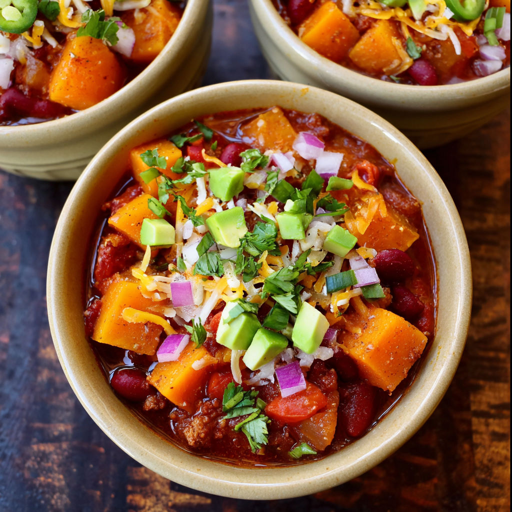 A bowl of chili with butternut squash.