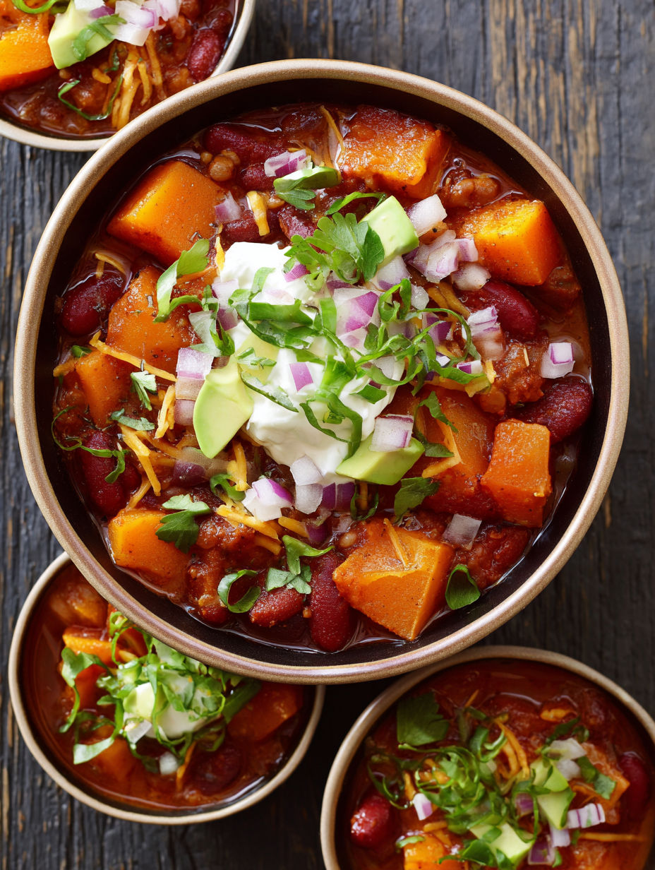 A bowl of chili with butternut squash and avocado.