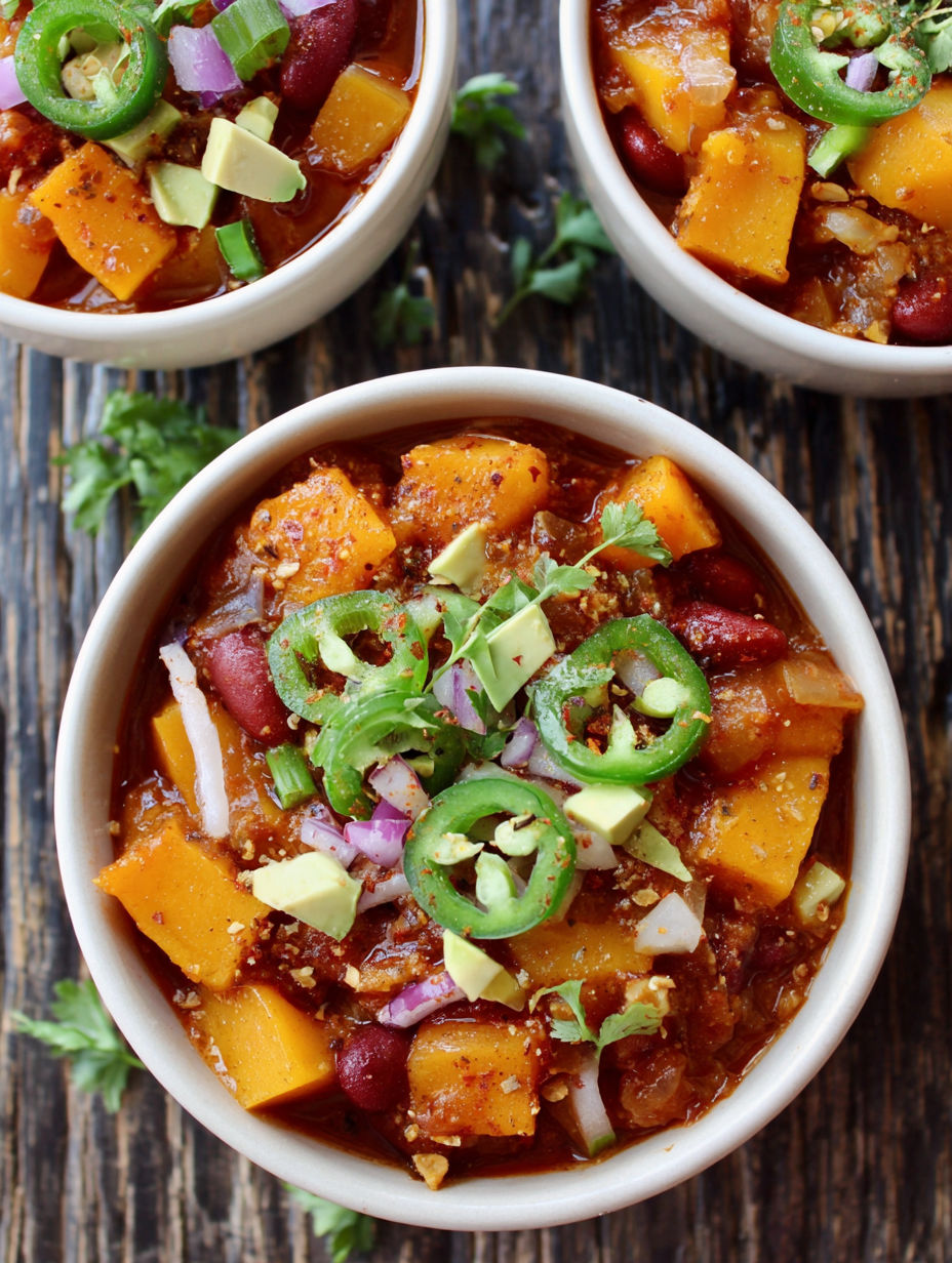 A bowl of chili with butternut squash and jalapenos.