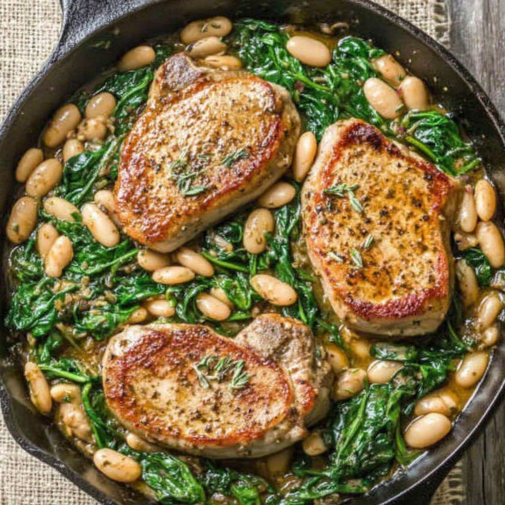 A skillet dinner with pork chops, white beans, and spinach.