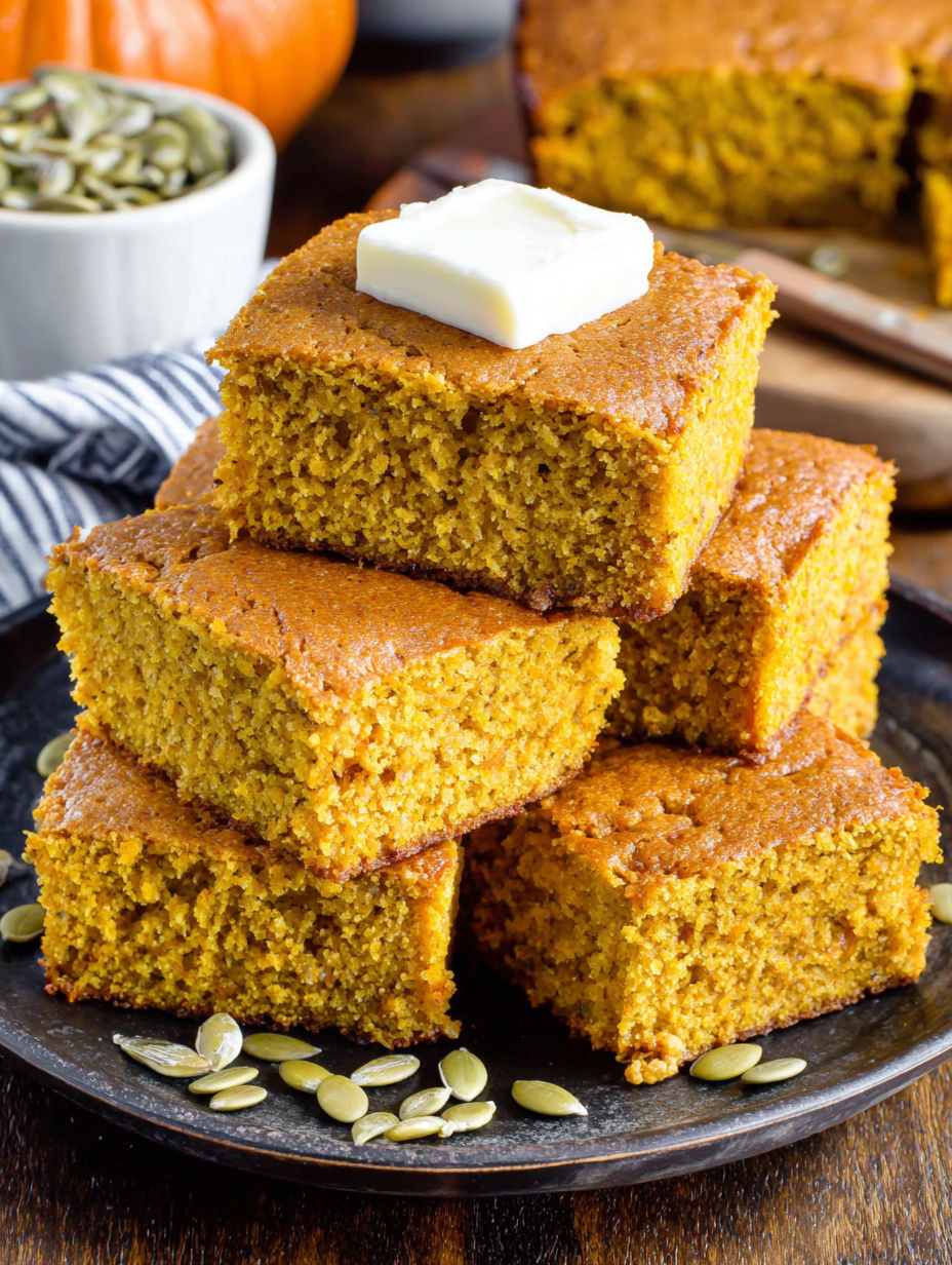 A stack of pumpkin maple cornbread with butter on top.