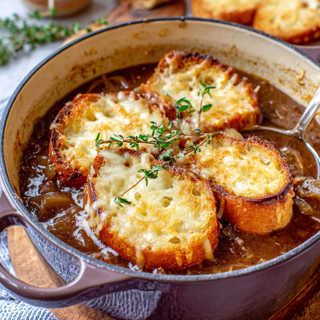 A bowl of French onion soup with bread.