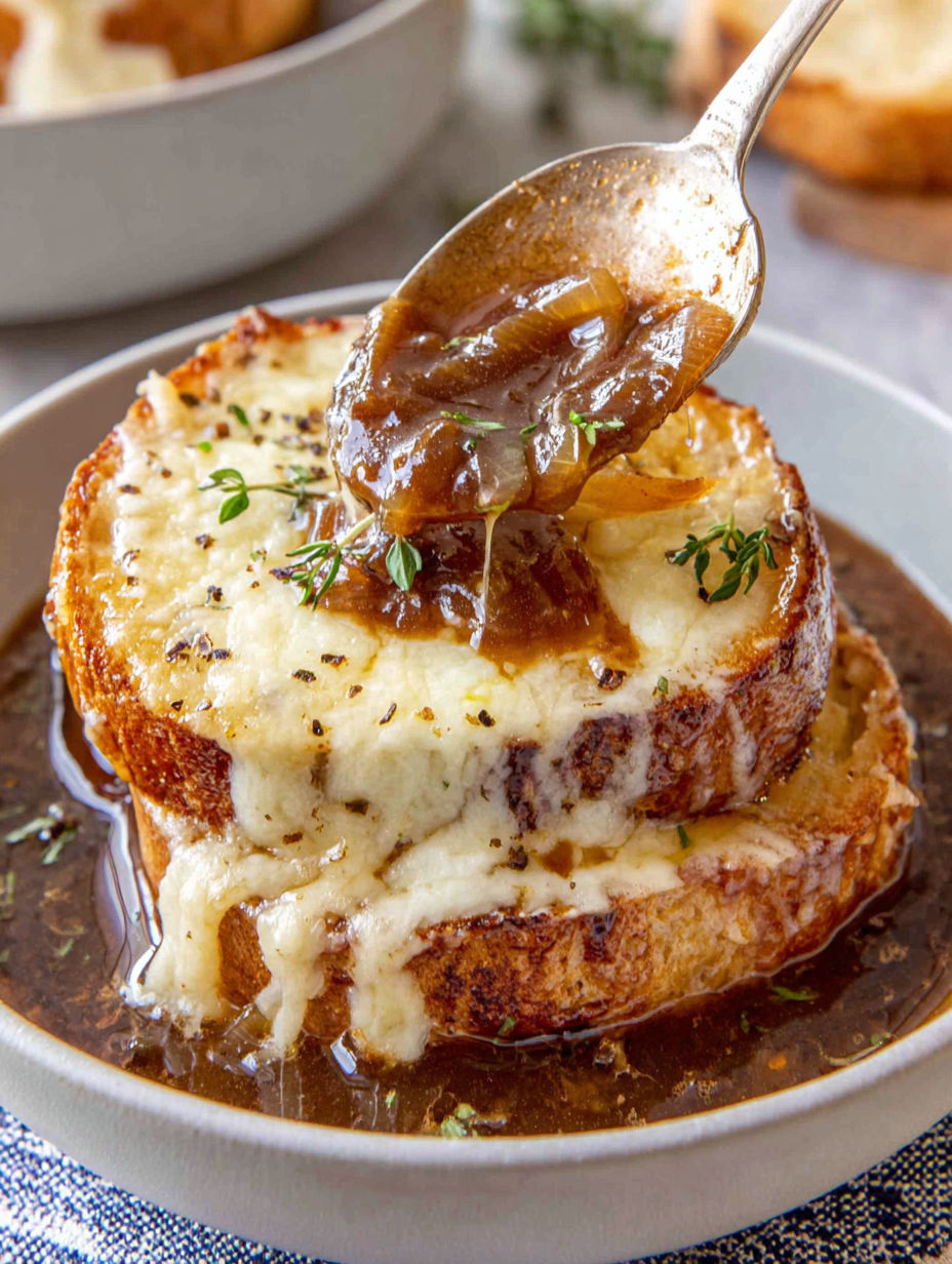 A bowl of soup with a spoon in it.
