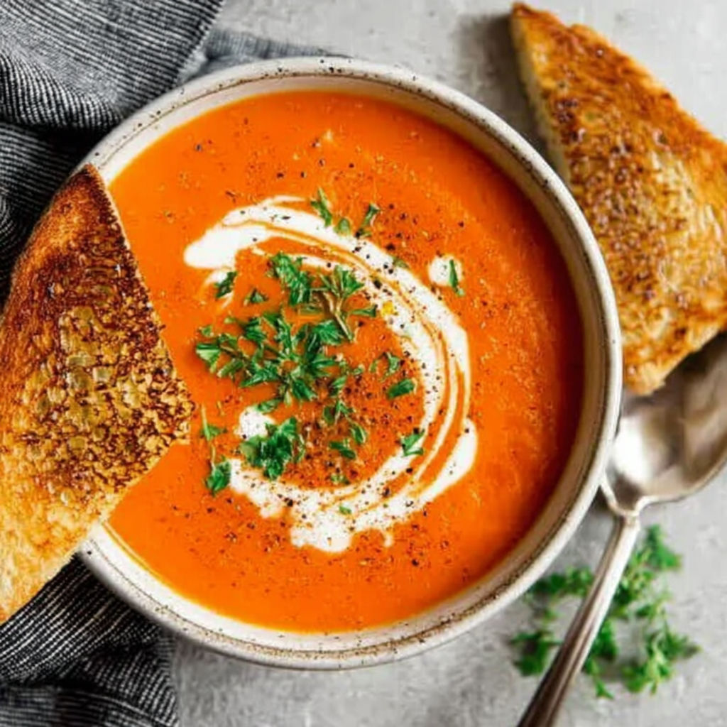 A bowl of tomato bisque with a spoon in it.