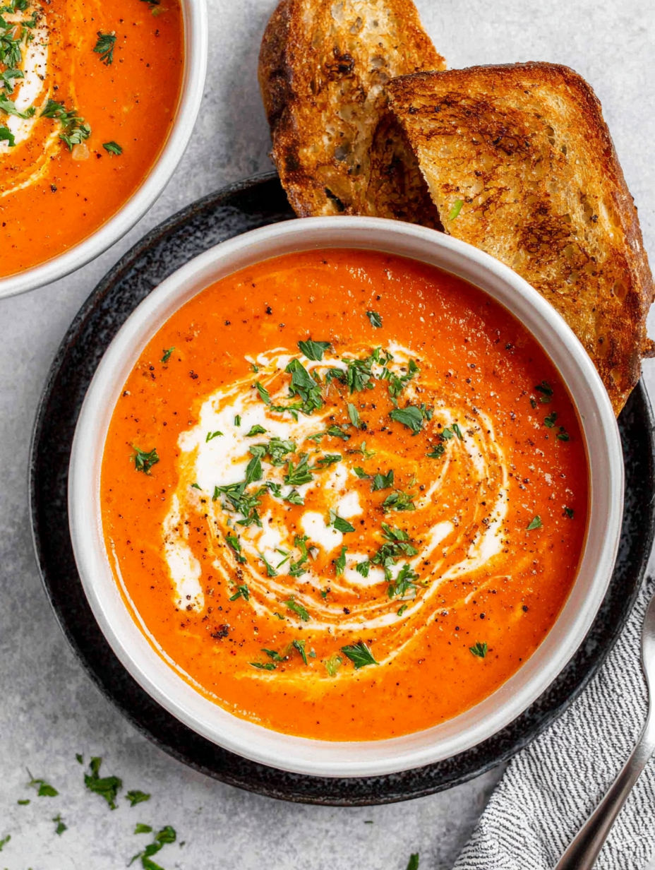 A bowl of tomato bisque with a spoon in it.