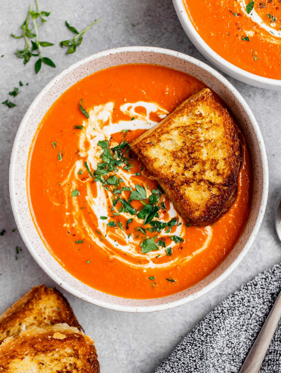 A bowl of tomato bisque with a piece of toast.