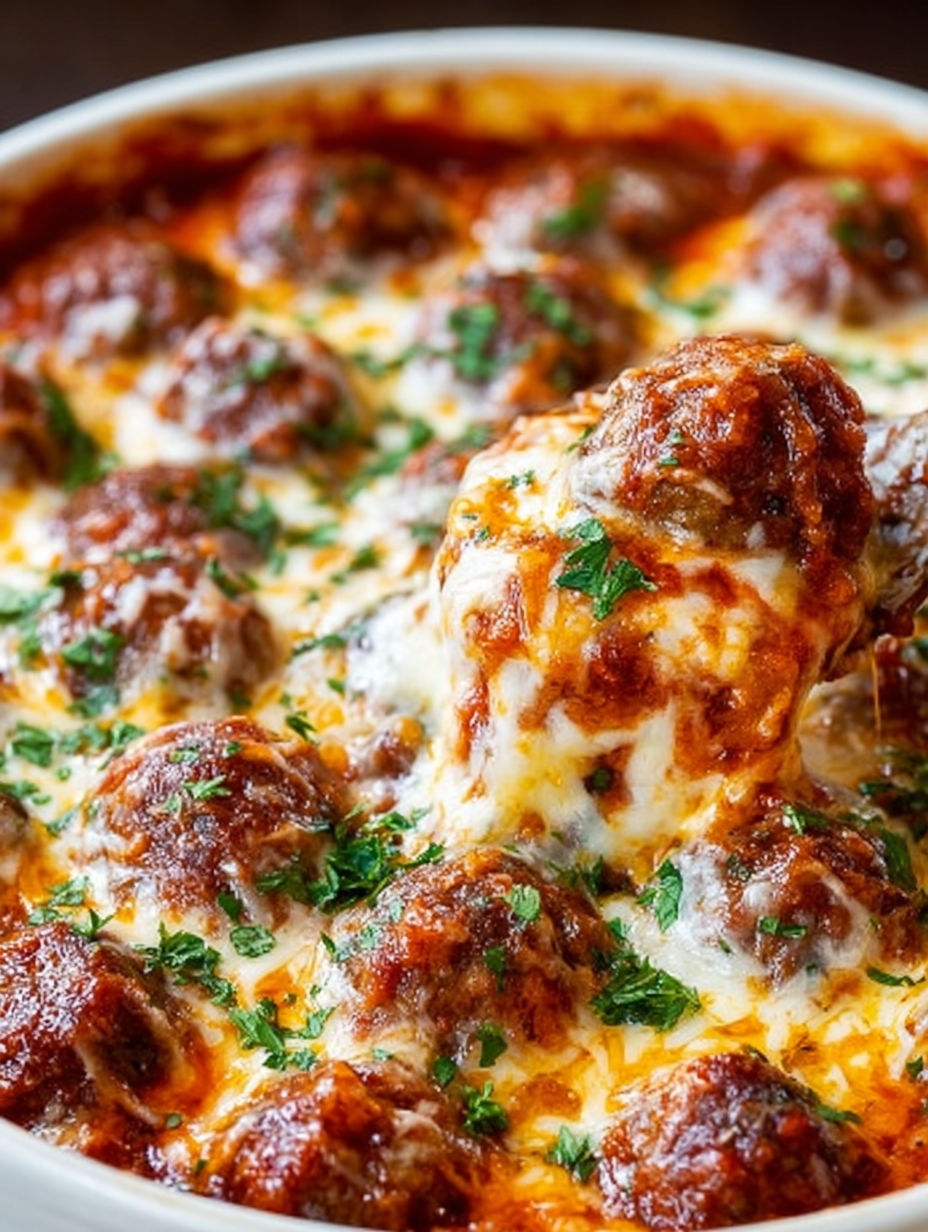 A close up of a meatball casserole.