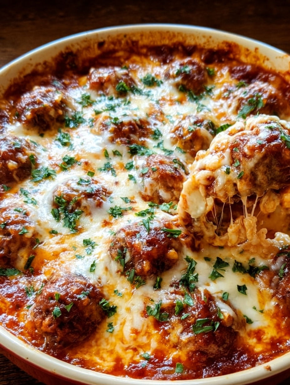 A close up of a meatball casserole.