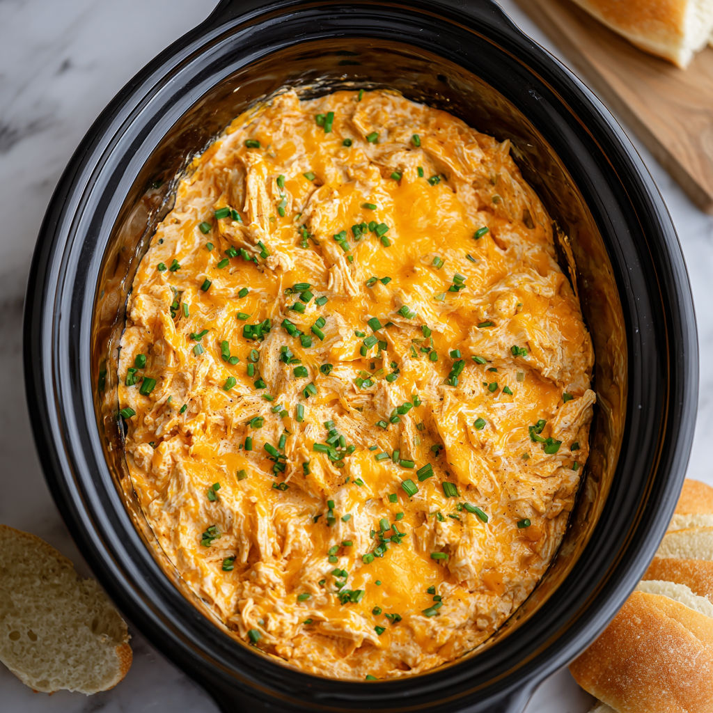A crockpot filled with cheesy buffalo chicken dip.