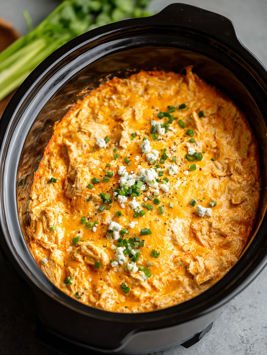 A crockpot filled with cheesy buffalo chicken dip.