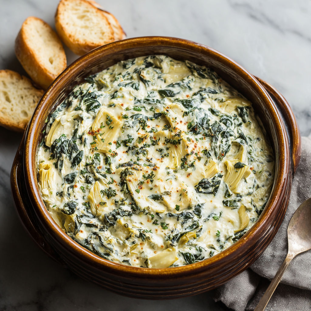A crockpot spinach and artichoke dip with a spoon in it.