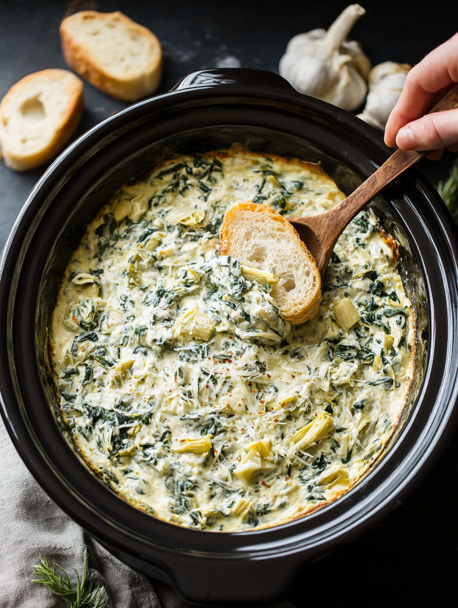 A wooden spoon is in a crockpot filled with spinach and artichoke dip.
