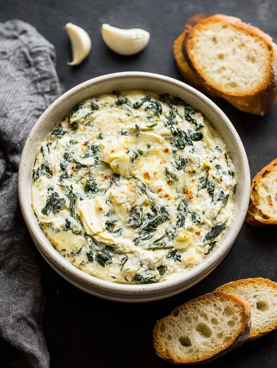 A bowl of spinach and artichoke dip.