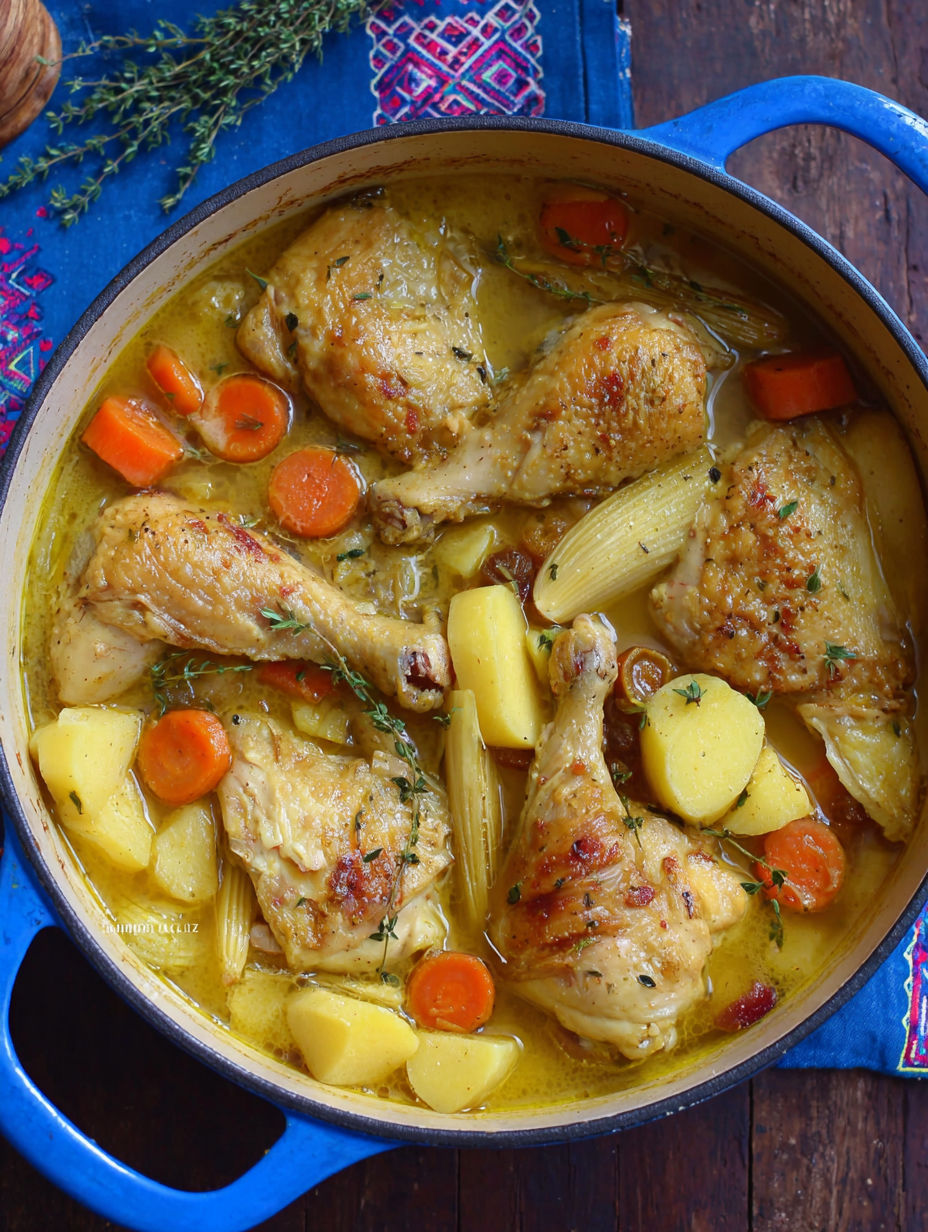 A pot of chicken stew with parsnips and carrots.