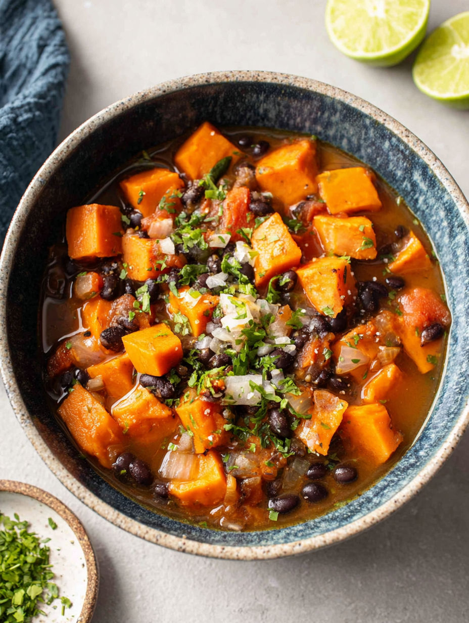A bowl of soup with sweet potatoes and black beans.