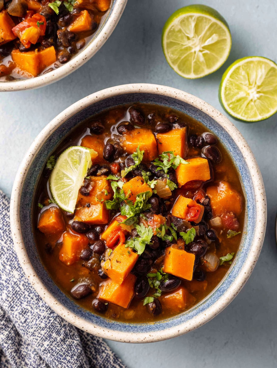 A bowl of Sweet Potato Black Bean Soup with a lime wedge on the side.