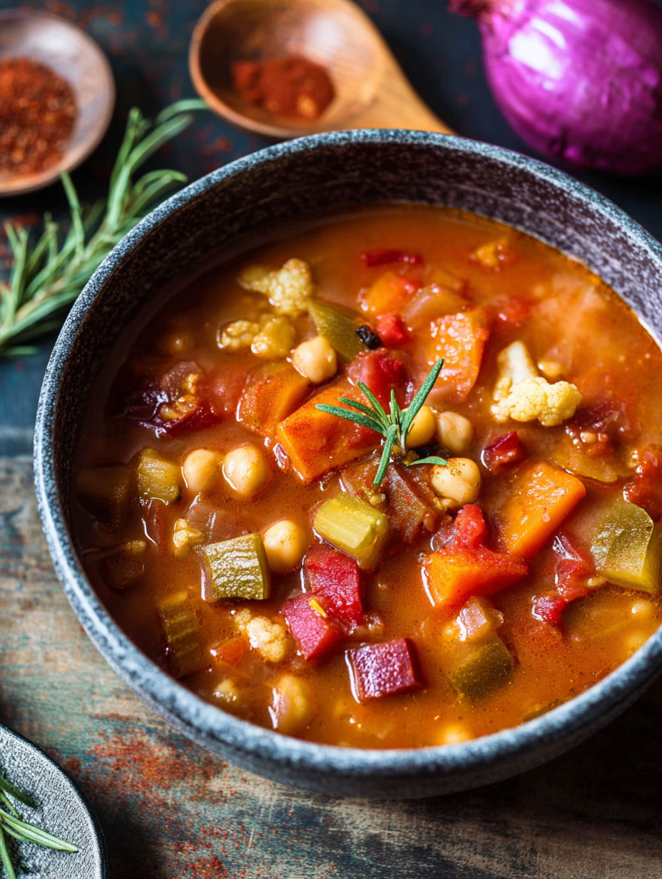 A bowl of soup with vegetables in it.