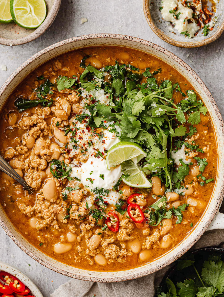 A bowl of turkey and white bean chili.