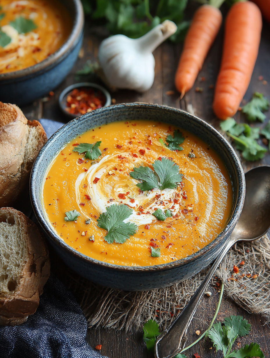 A bowl of soup with a spoon in it.