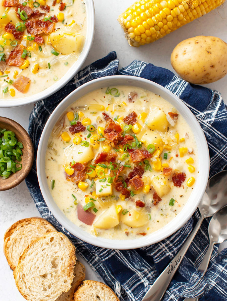 A bowl of potato corn chowder with bacon and corn.