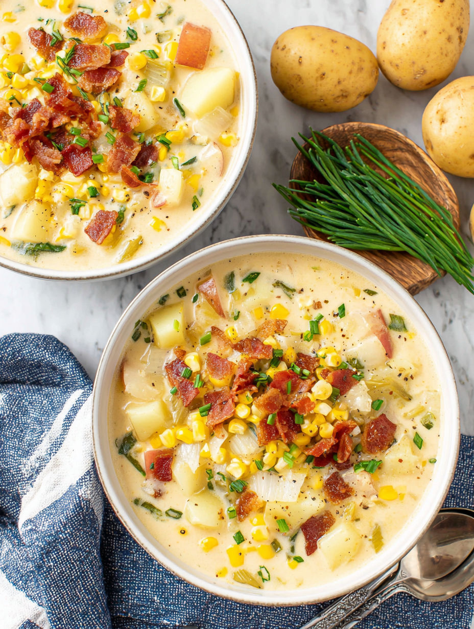 Two bowls of potato corn chowder.