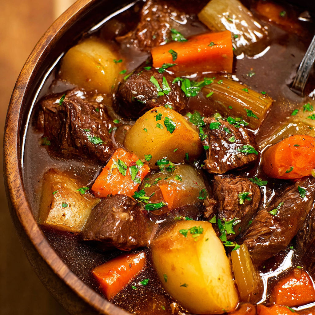 A bowl of beef stew with carrots and potatoes.