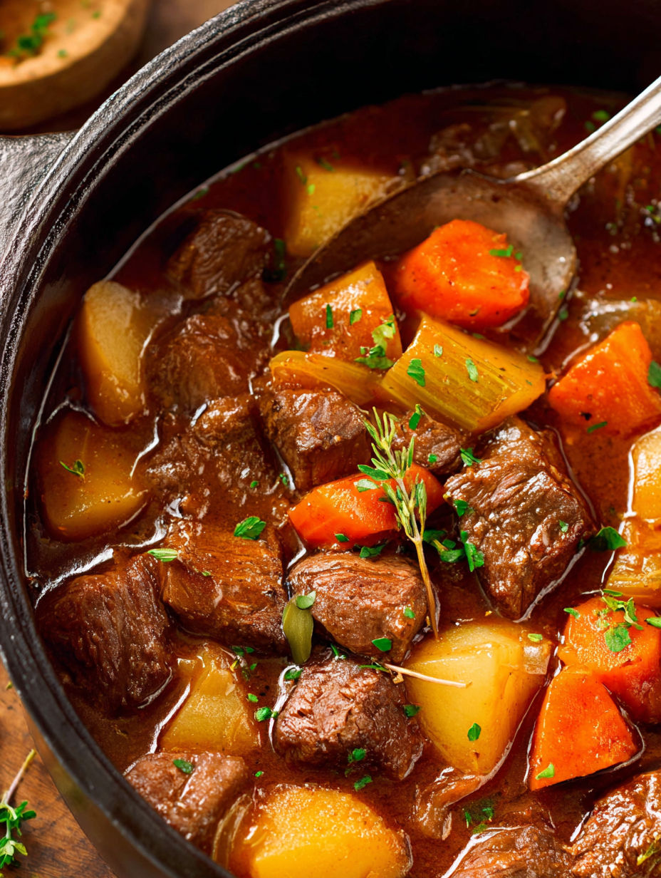 A bowl of beef stew with carrots and parsley.