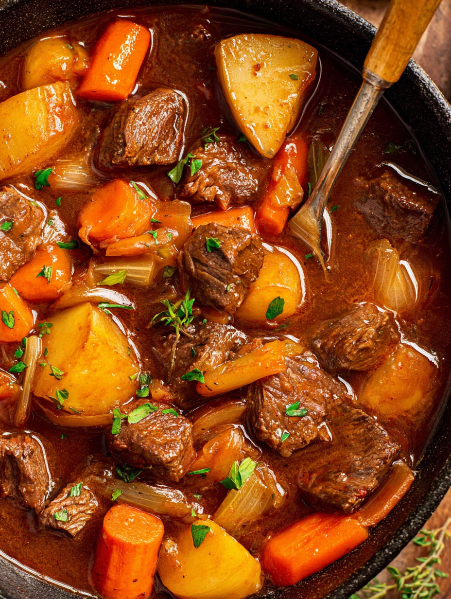 A close up of a beef stew with carrots and onions.