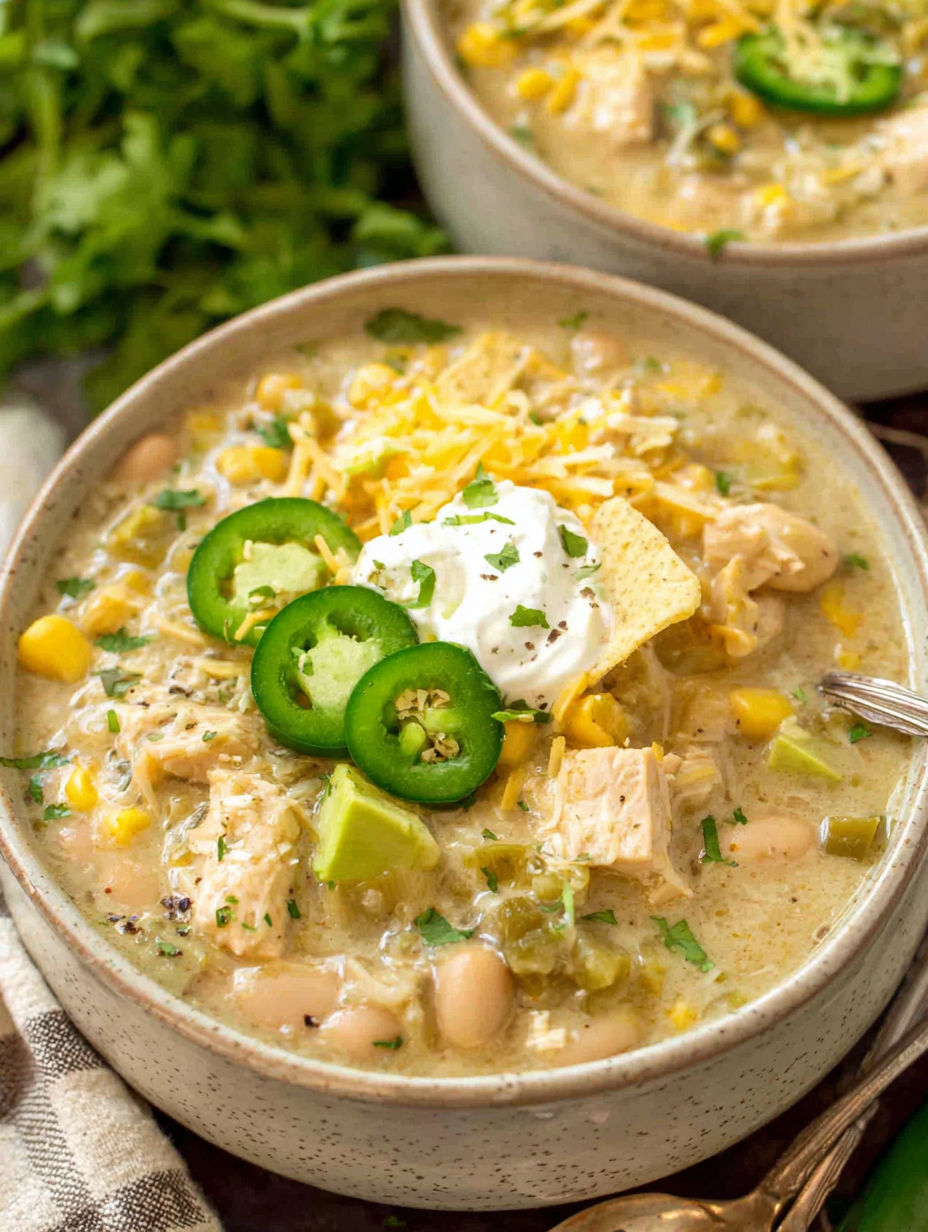 A bowl of soup with chicken and vegetables.