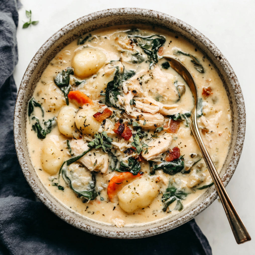 A bowl of soup with chicken, gnocchi, and greens.