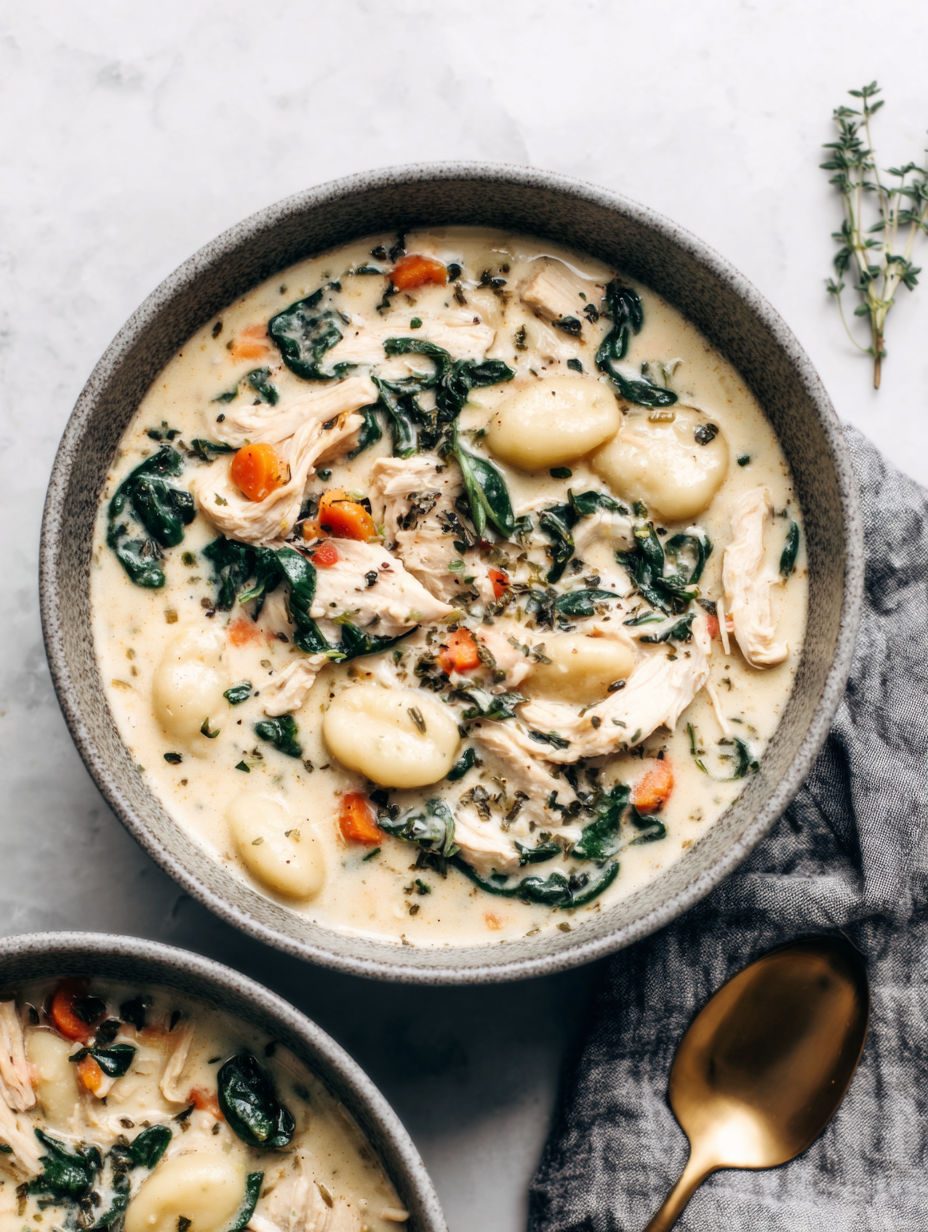 A bowl of soup with chicken, gnocchi and greens.