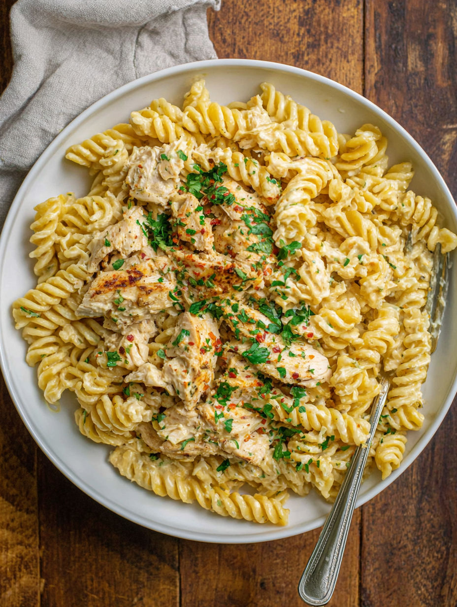 A plate of pasta with chicken and garlic parmesan sauce.