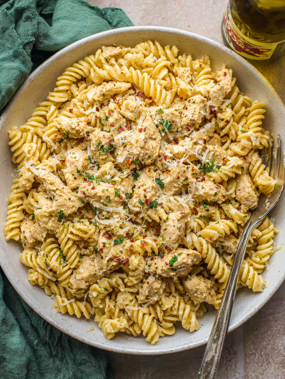 A bowl of pasta with chicken and cheese.