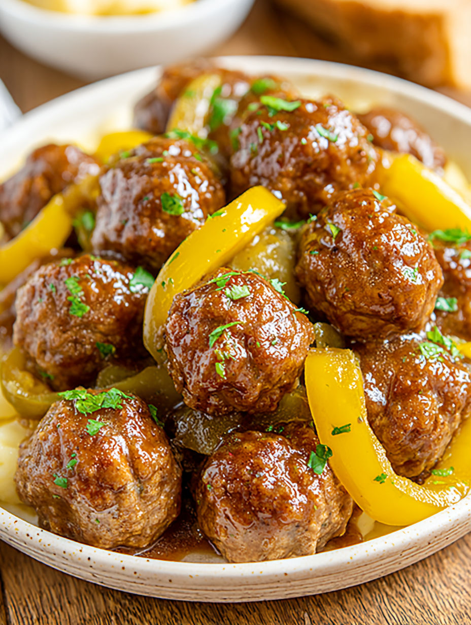 A bowl of meatballs with peppers and onions.