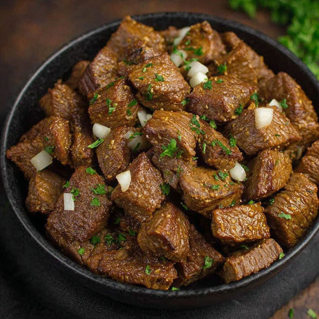 A bowl of beef stew with onions and green peppers.